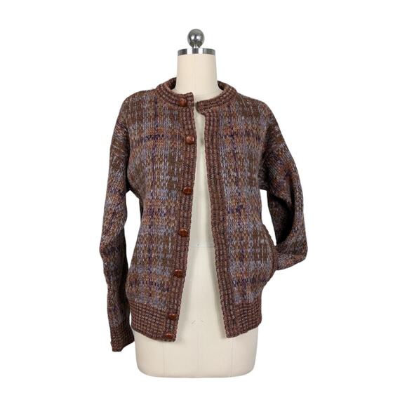 Vtg Wool Cardigan Sweater L Brown 90s Plaid Chunky Knit Button Pocket Heritage - Picture 1 of 14